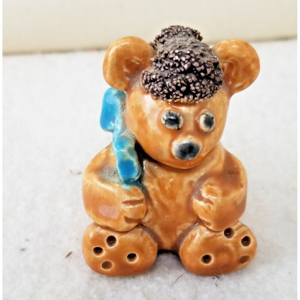Hand made Painted Ceramic Brown Bear With Blue Bow initialed JN brown fur‎